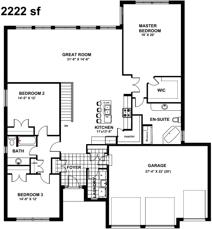 Lot 11 Main Level Architectural Blueprint Floor Plan (2222 sf Triple Garage)